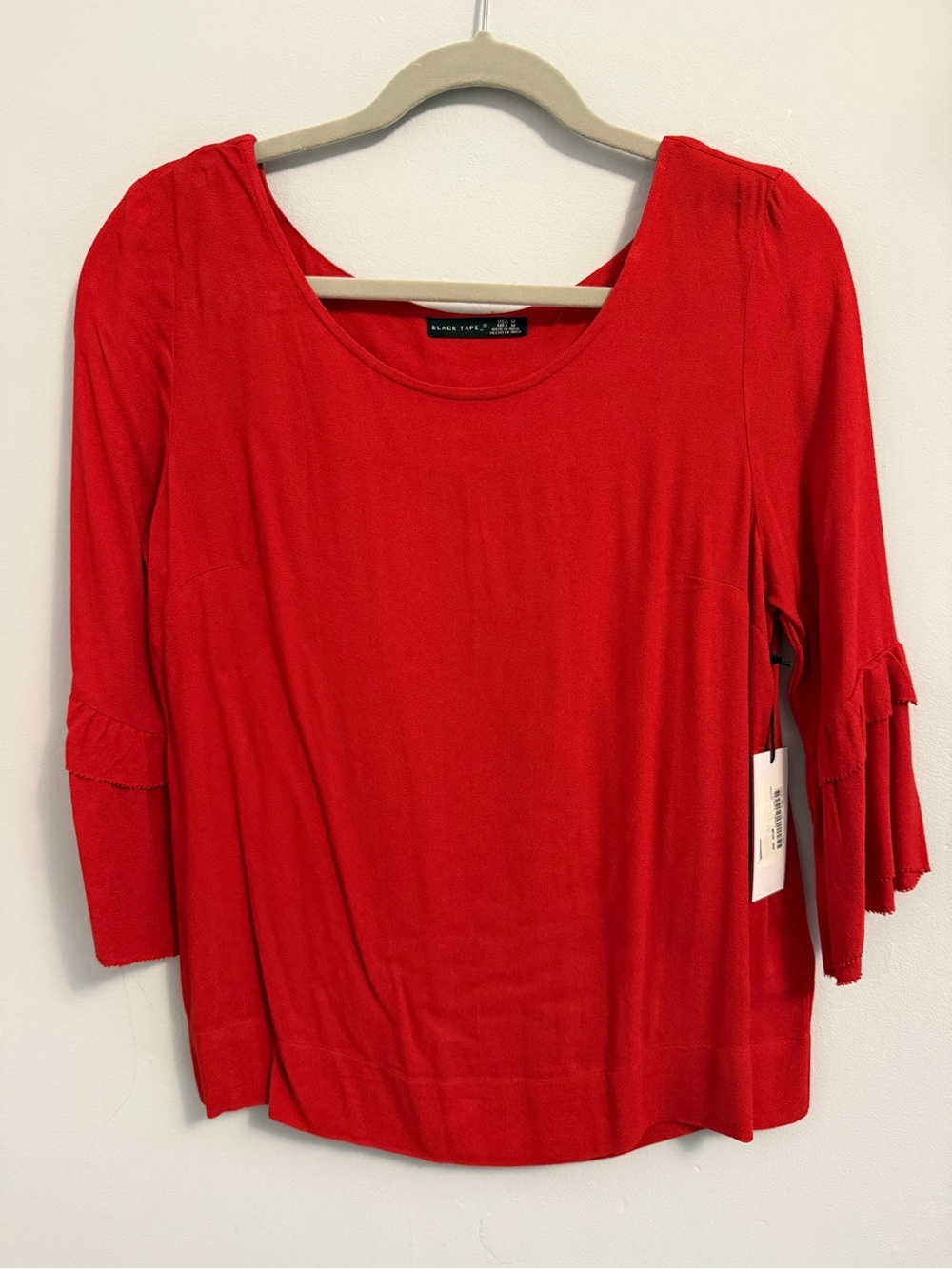 Black Tape_ Red Scoop Neck Top with Ruffle Sleeve Detail